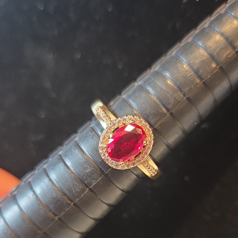 Elegant Ruby Colored Stone and CZ Gold Filled Ring